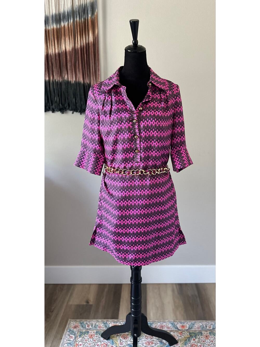 MILLY OF NEW YORK Geometric Silk Belted Mini Shirt Dress Size 4